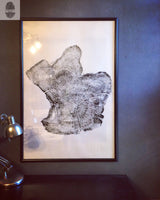Framed black-and-white print of a driftwood cross-section with detailed tree rings on a gray wall above a dark desk with a silver desk lamp.
