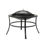 Tokia 30" Round Fire Pit in lightly-bronzed black steel with mesh fire screen and curved legs