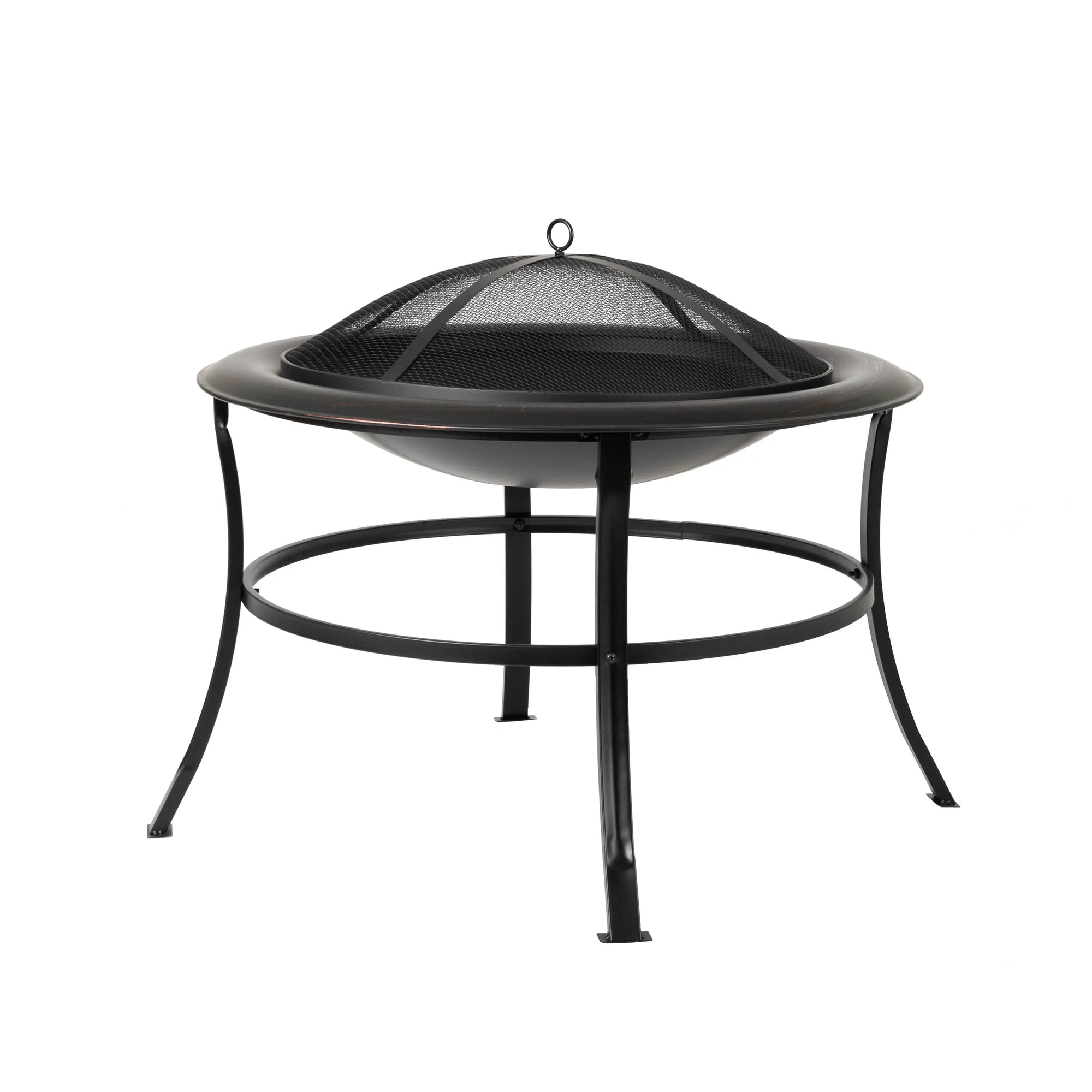 Tokia 30" Round Fire Pit in lightly-bronzed black steel with mesh fire screen and curved legs