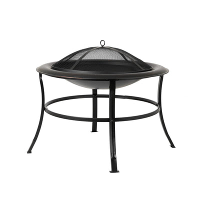 Tokia 30" Round Fire Pit in lightly-bronzed black steel with mesh fire screen and curved legs