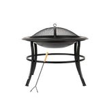 Round black metal fire pit with mesh dome cover and three legs connected by a circular support ring, accompanied by a fire poker with a wooden handle.