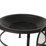 Round black metal fire pit with a wide, curved rim and a circular grate platform, supported by four short legs, shown on white background.