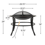 Black metal round fire pit with a mesh dome cover and four angled legs connected by a circular support ring, shown with a metal poker tool with a wooden handle.