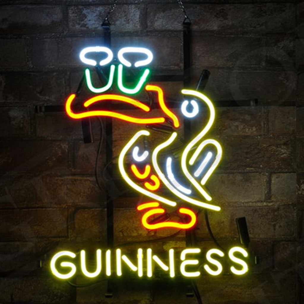 Toucan Bird Guinness Neon Signs Light illuminating in vibrant neon colors on a metal grid backing