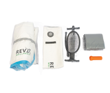 Inflatable tub kit laid out with a rolled white and blue bag marked RevX Wellness, a white rectangular cloth sleeve, a black hand pump with mesh, a gray folded item, and an orange plastic tool on a white background.