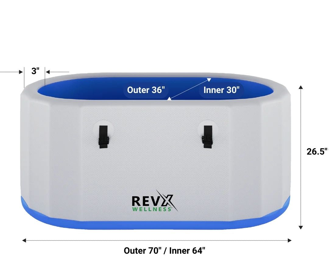 Rectangular white inflatable tub with blue interior and base, labeled dimensions showing 70" outer width, 64" inner width, and 26.5" height, featuring two black handles on the side.