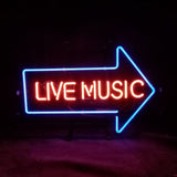Neon sign with red text 'LIVE MUSIC' inside a bright blue right-pointing arrow on a dark background