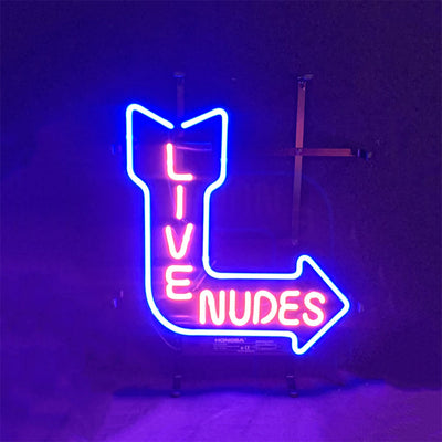 Turn Right Arrow Live Nudes Neon Sign illuminated on metal grid backing