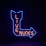 Neon sign shaped like a right-turn arrow in blue with the words 'LIVE NUDE' in vertical and horizontal orange-pink neon letters inside the arrow shape.