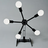 Black metal spinning shooting target with five white circular plates arranged like a star on a gray background, mounted on a sturdy base.
