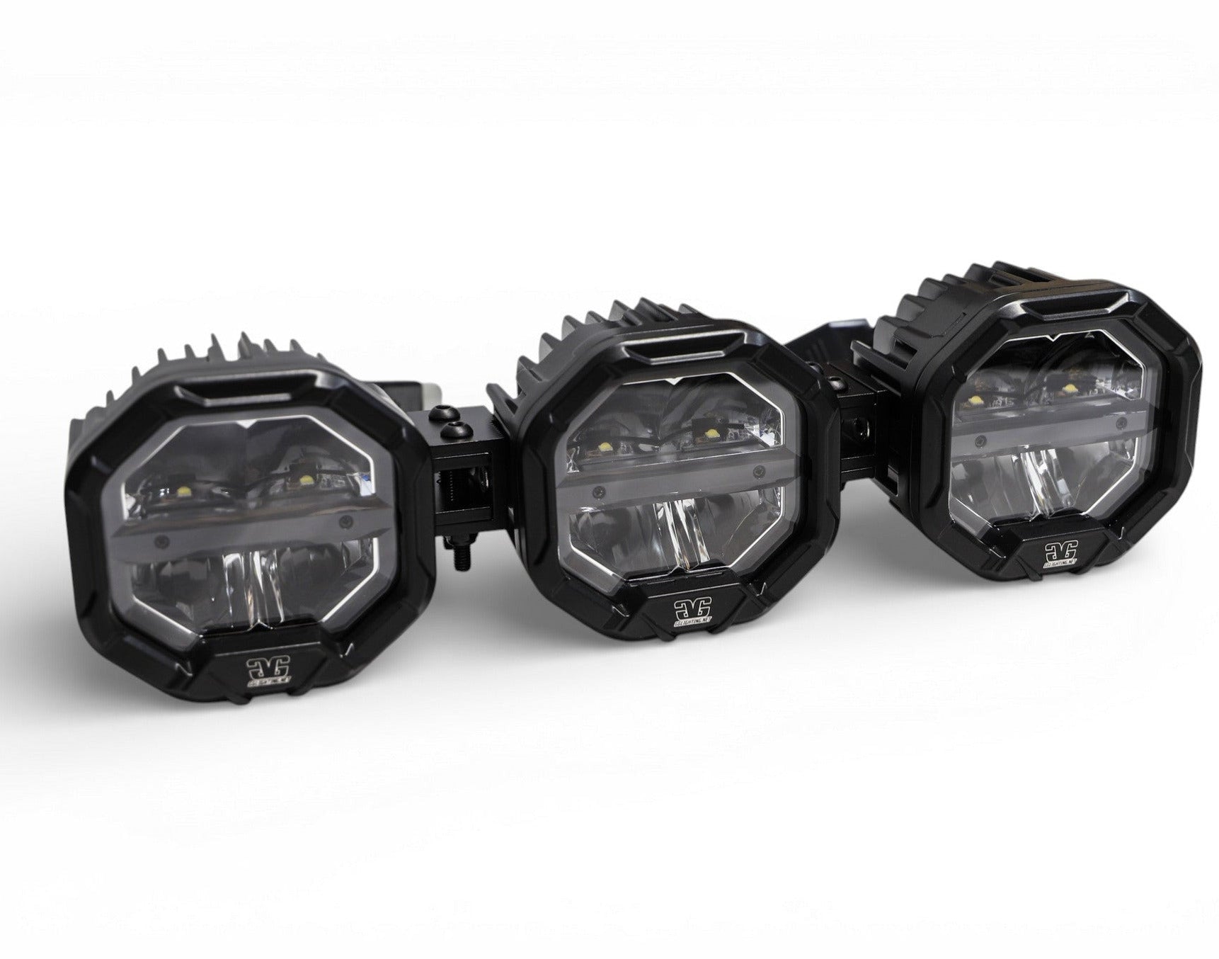 Three 3 Light U-Con Interlocking Off Road LED Pods arranged side by side showing modular connectivity and LED lights.