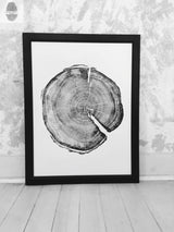 Black and white print of a cross-section of a tree trunk showing growth rings and a large crack, framed and leaning against a textured wall on a wooden floor.