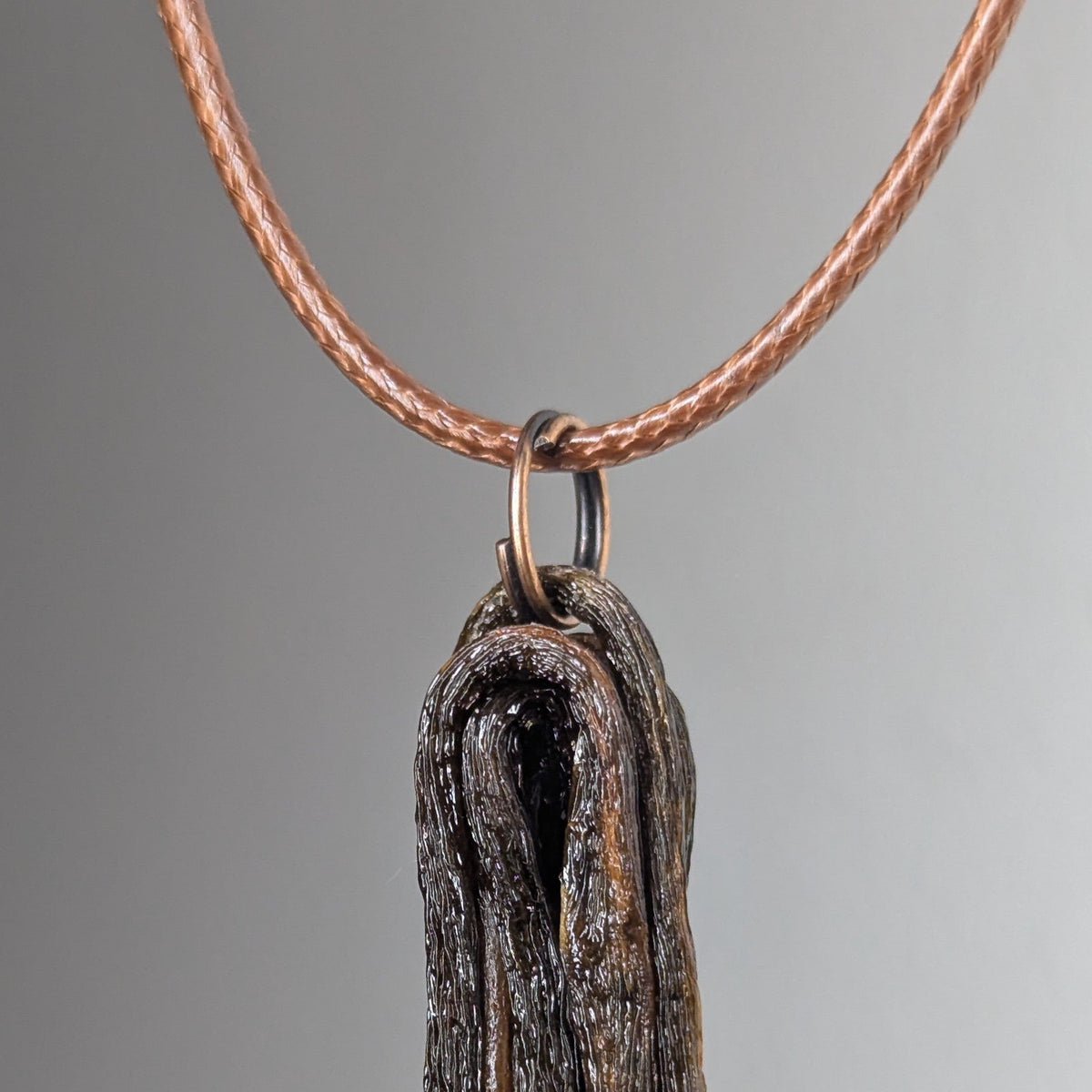 Close-up of a pendant shaped like a textured, curled dark brown and black natural element, hanging from a light brown braided cord necklace.