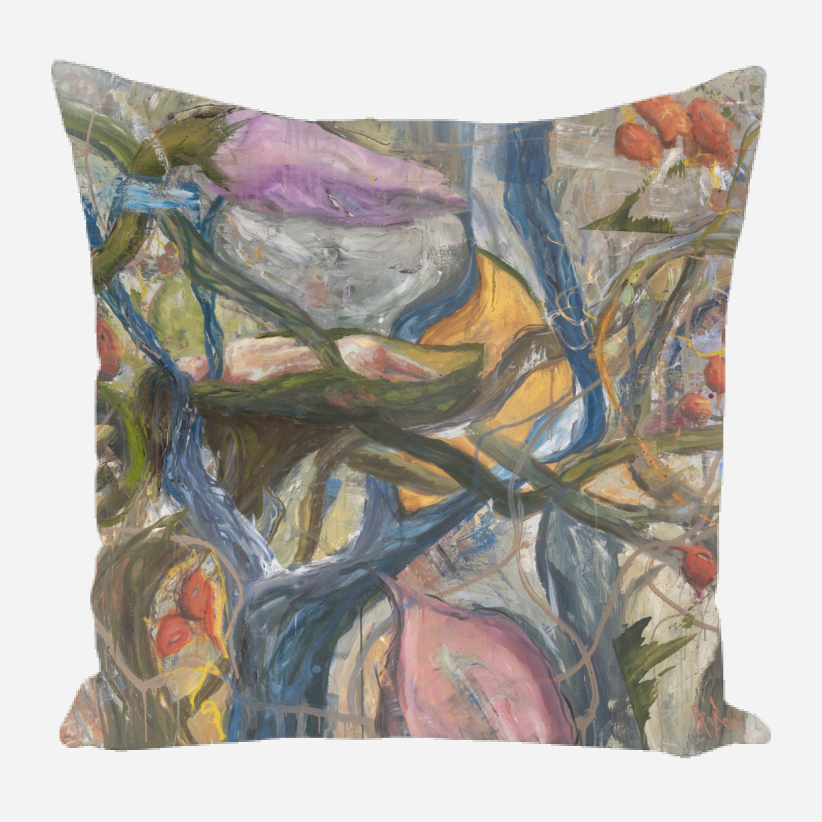 Abstract floral and botanical painting on a pillow with swirling blue, green, pink, orange, and beige brushstrokes creating layered organic shapes and textures.