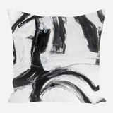 Square pillow featuring abstract black and white brushstrokes with bold, dynamic curves and textured paint effects on a white background.