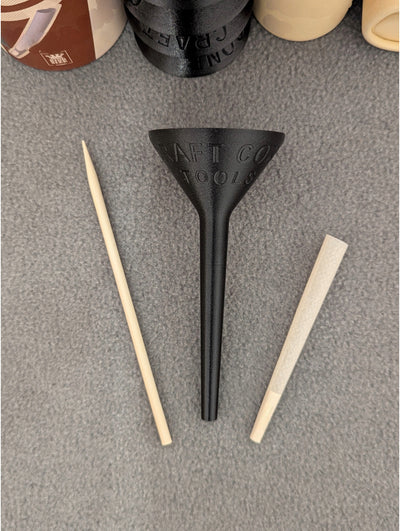 King Craft Cone Filler & Packing Tool Kit showing filler, packing stick, and king-sized cone in clear and black colors