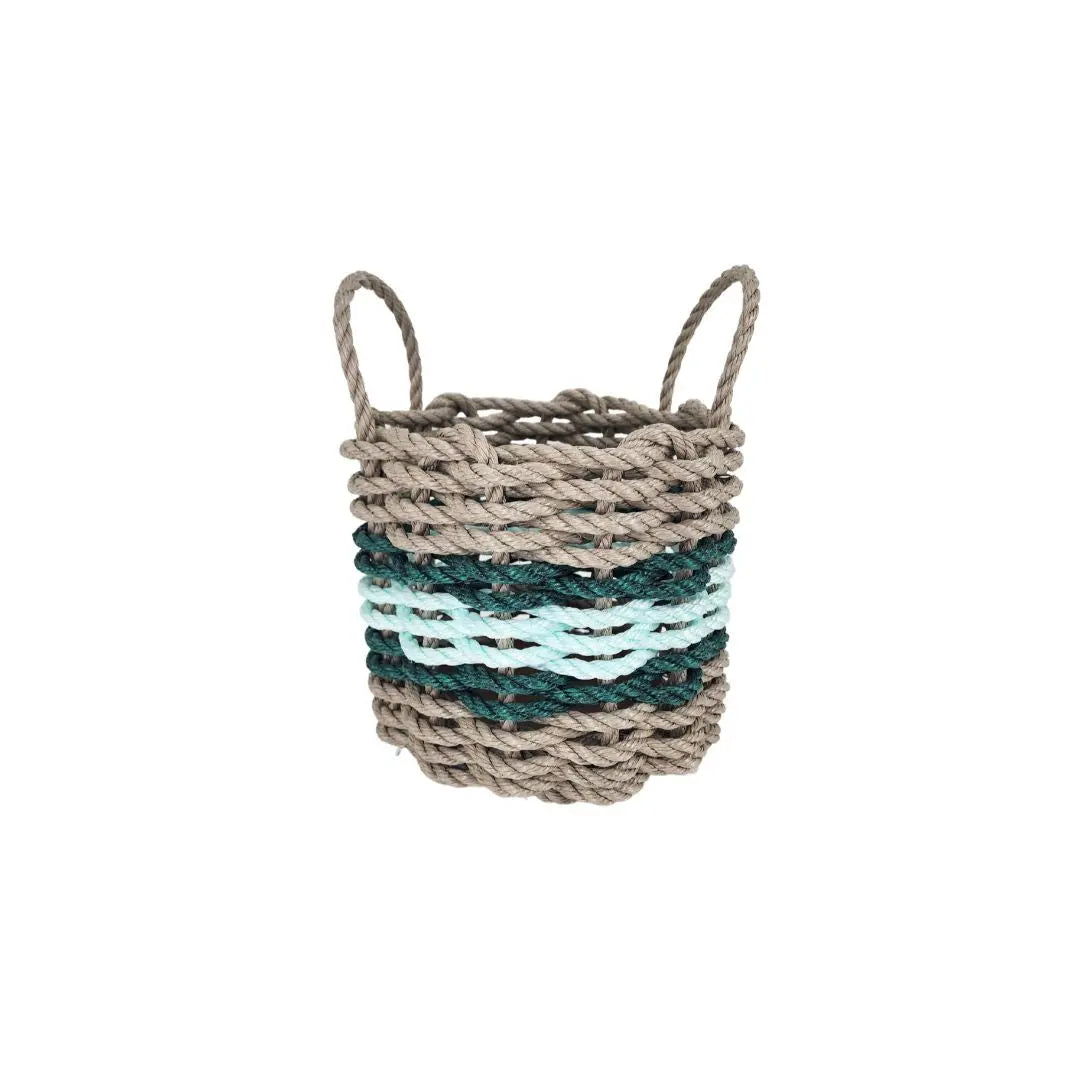 Lobster rope basket in tan and seafoam colors with hunter green accents, shown in various sizes