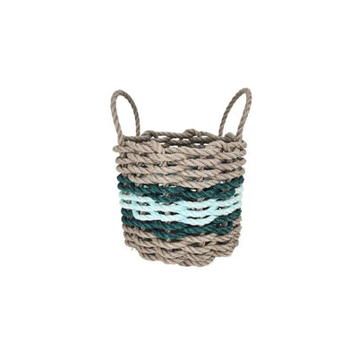 Lobster rope basket in tan and seafoam colors with hunter green accents, shown in various sizes