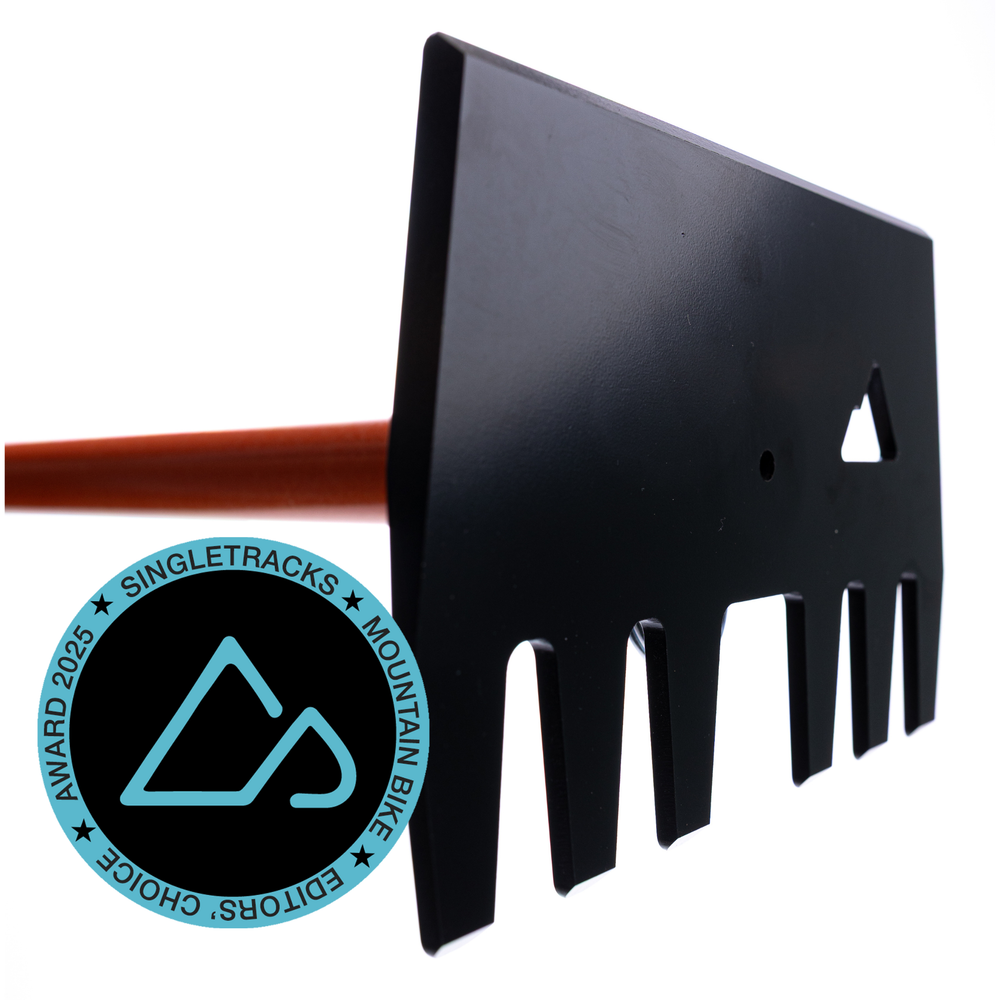 Backslope Tools Clyde Jr rake tool with steel head and wooden handle