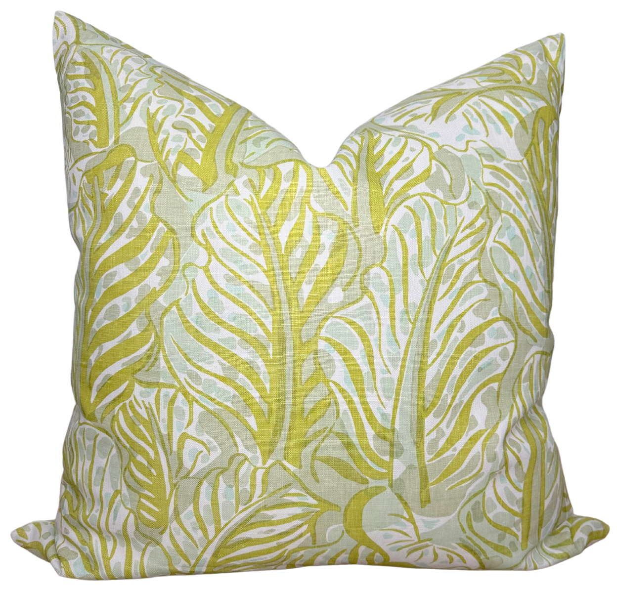 Mille Feuilles Pillow Cover in Pistachio Green showing front printed fabric and back ivory linen
