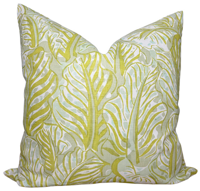 Mille Feuilles Pillow Cover in Pistachio Green showing front printed fabric and back ivory linen