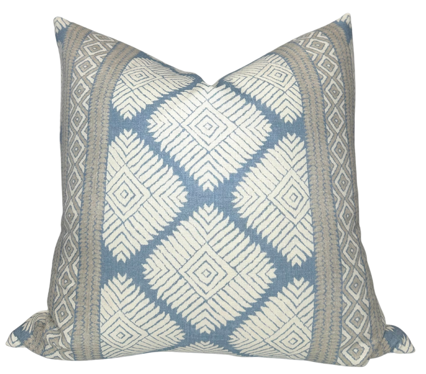 Austin Pillow Cover in Blue showing designer printed fabric front and ivory linen back detail