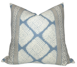 Austin Pillow Cover in Blue showing designer printed fabric front and ivory linen back detail
