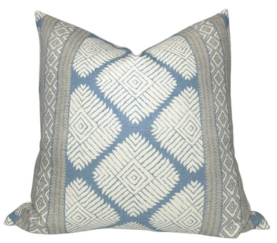 Austin Pillow Cover in Blue showing designer printed fabric front and ivory linen back detail