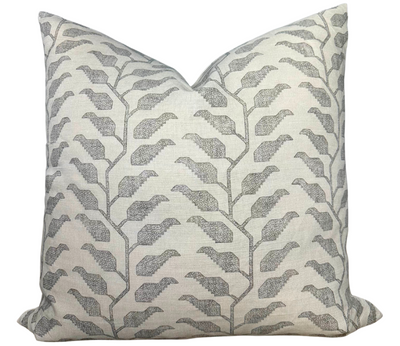 Folio Pillow Cover in Graphite showing front printed fabric and ivory linen back