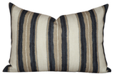 Rectangular pillow cover with vertical stripes in beige, taupe, and black on a cream background, showing a textured woven fabric.