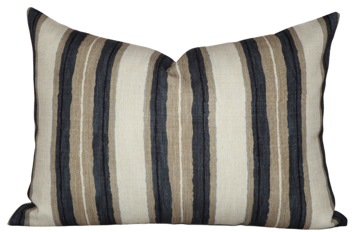 Rectangular pillow cover with vertical stripes in beige, taupe, and black on a cream background, showing a textured woven fabric.