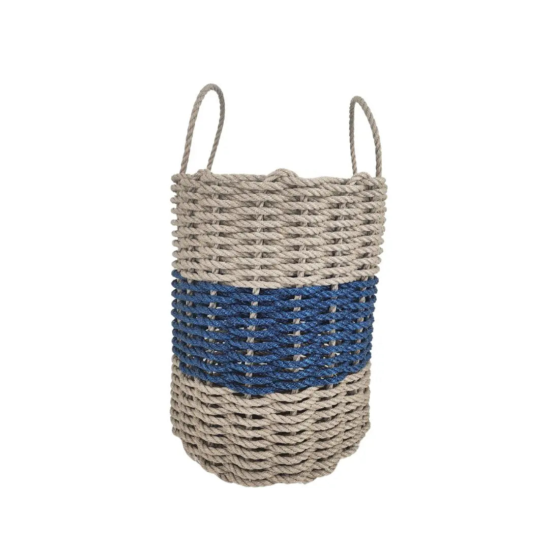 Handmade storage basket woven from authentic Maine lobster rope in tan and navy blue