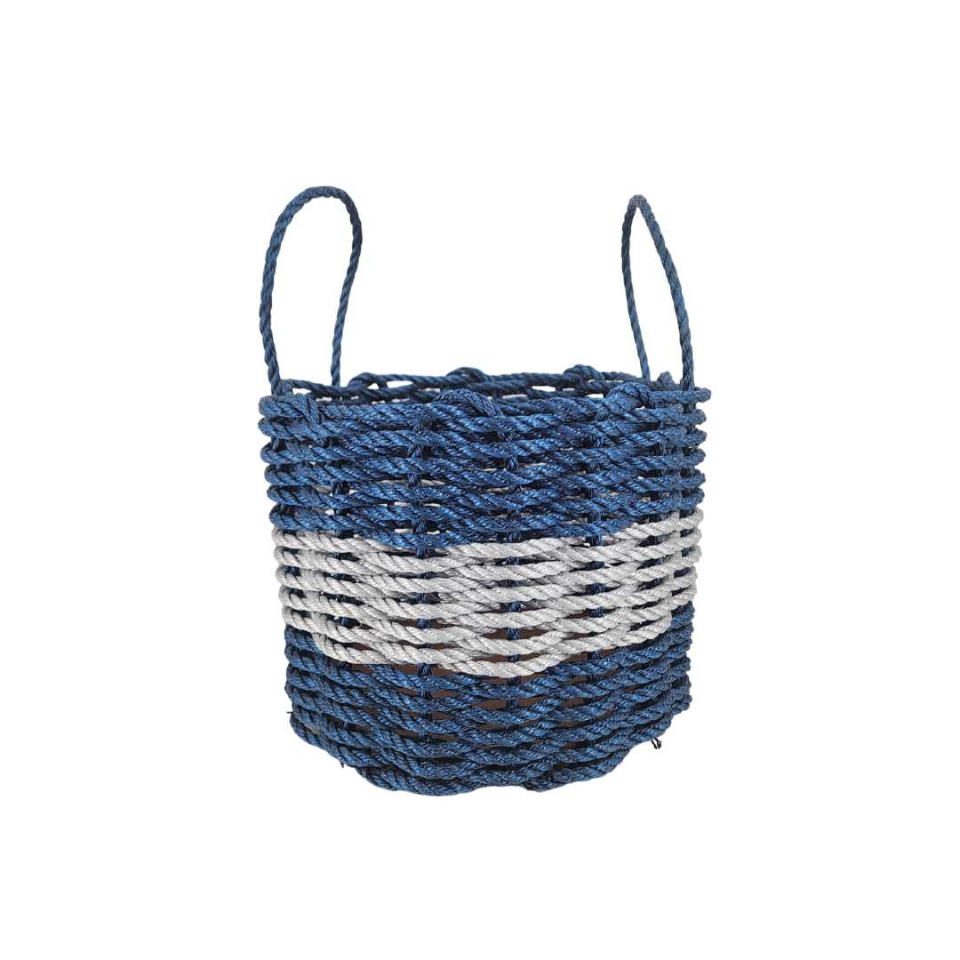 Navy blue and light gray lobster rope storage basket handcrafted in Maine