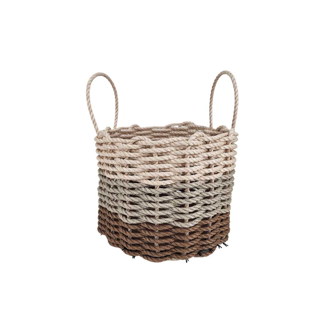 Brown, tan, and light tan ombre rope basket handcrafted on the Coast of Maine