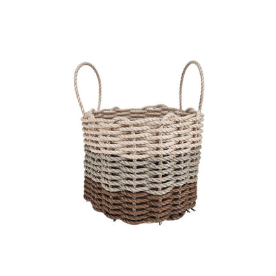 Brown, tan, and light tan ombre rope basket handcrafted on the Coast of Maine