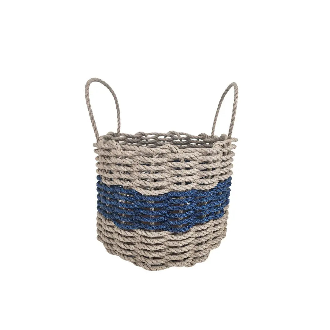 Handmade storage basket woven from authentic Maine lobster rope in tan and navy blue