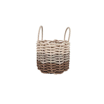 Brown, tan, and light tan ombre rope basket handcrafted on the Coast of Maine