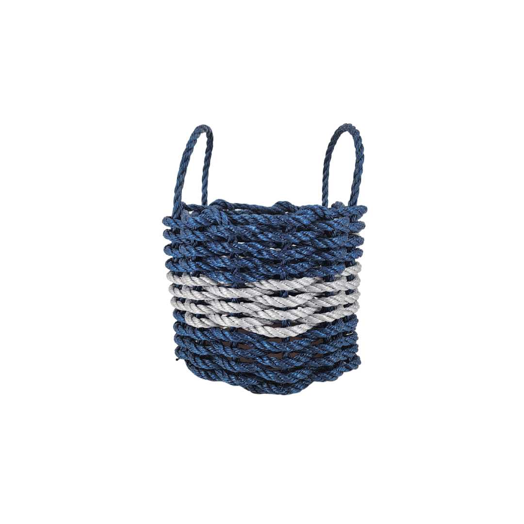 Navy blue and light gray lobster rope storage basket handcrafted in Maine