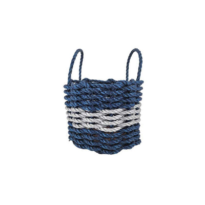 Navy blue and light gray lobster rope storage basket handcrafted in Maine