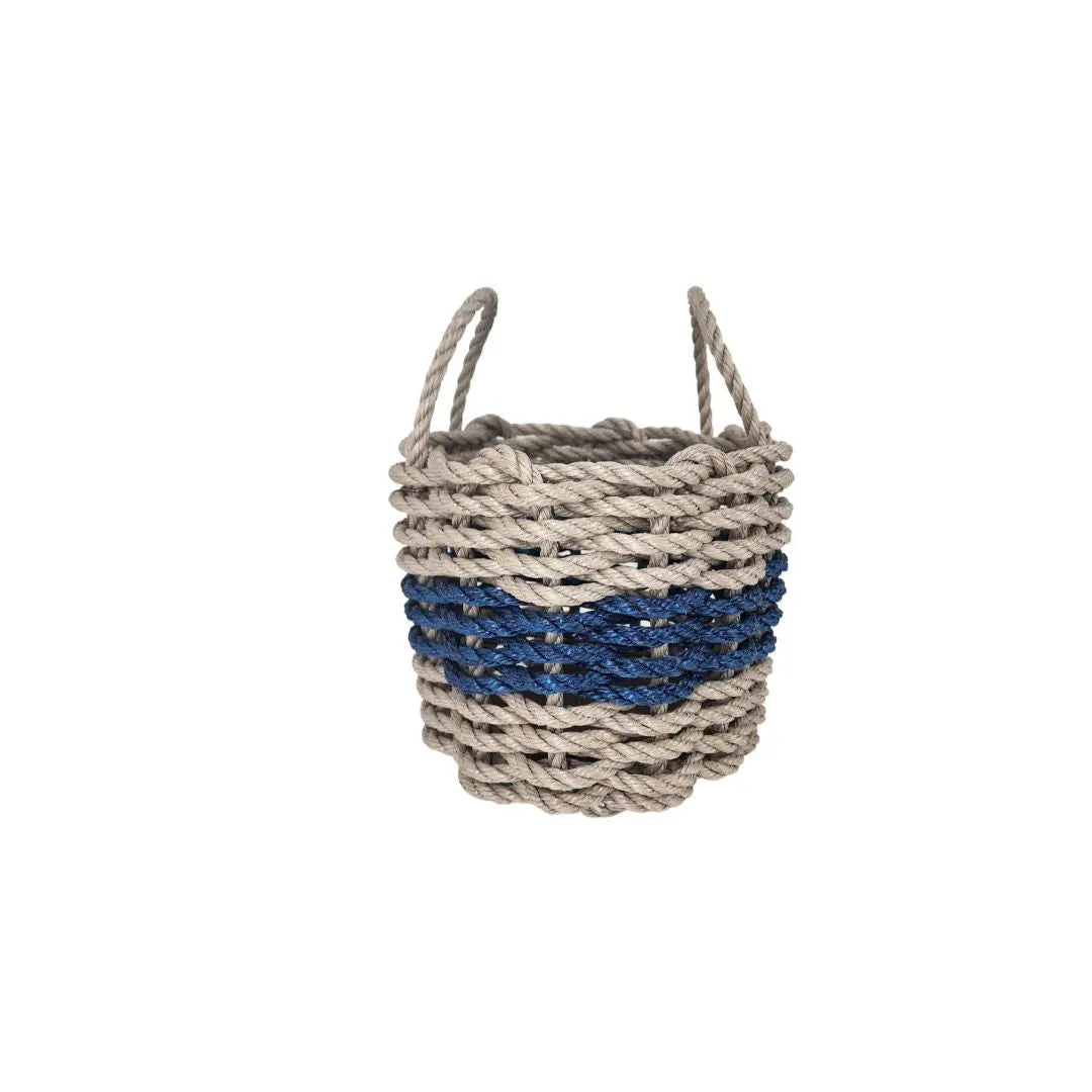 Handmade storage basket woven from authentic Maine lobster rope in tan and navy blue