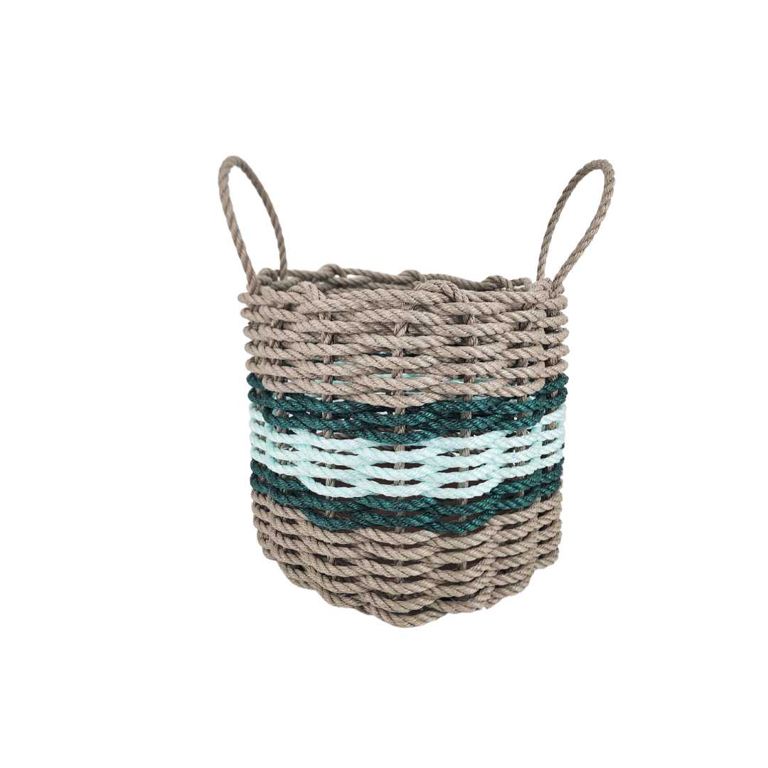Lobster rope basket in tan and seafoam colors with hunter green accents, shown in various sizes