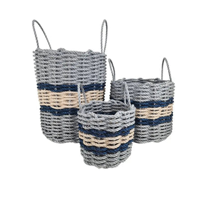 Lobster rope basket in light gray and light tan with navy accents, shown in multiple sizes