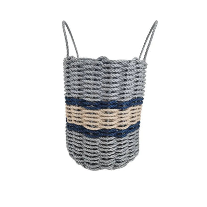 Lobster rope basket in light gray and light tan with navy accents, shown in multiple sizes