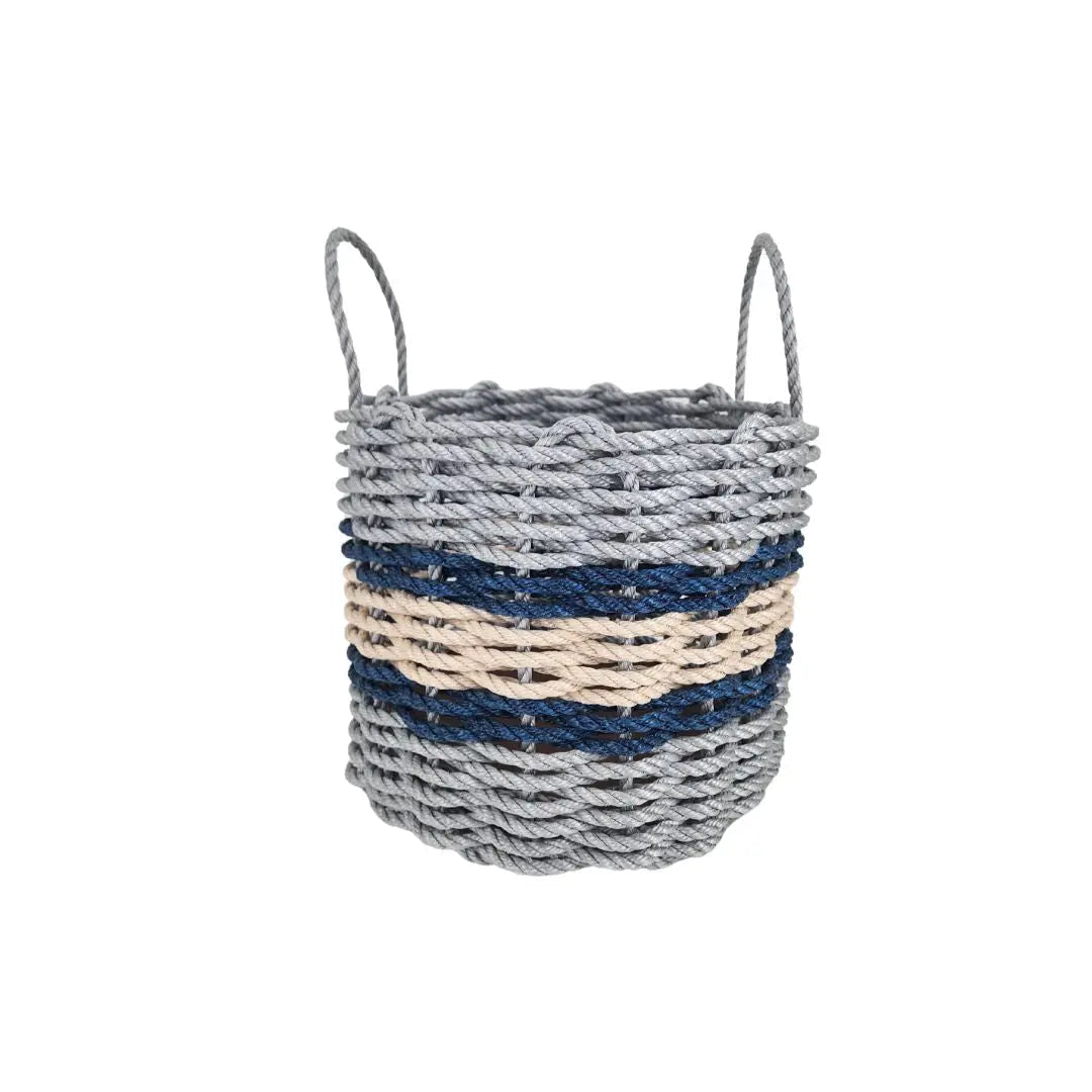 Lobster rope basket in light gray and light tan with navy accents, shown in multiple sizes