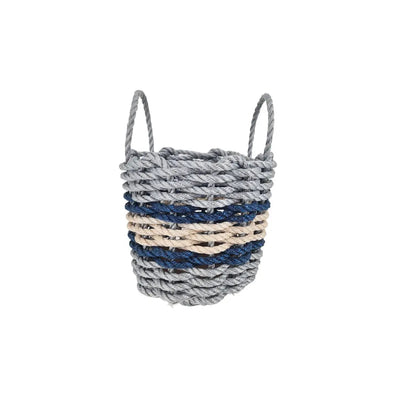 Lobster rope basket in light gray and light tan with navy accents, shown in multiple sizes