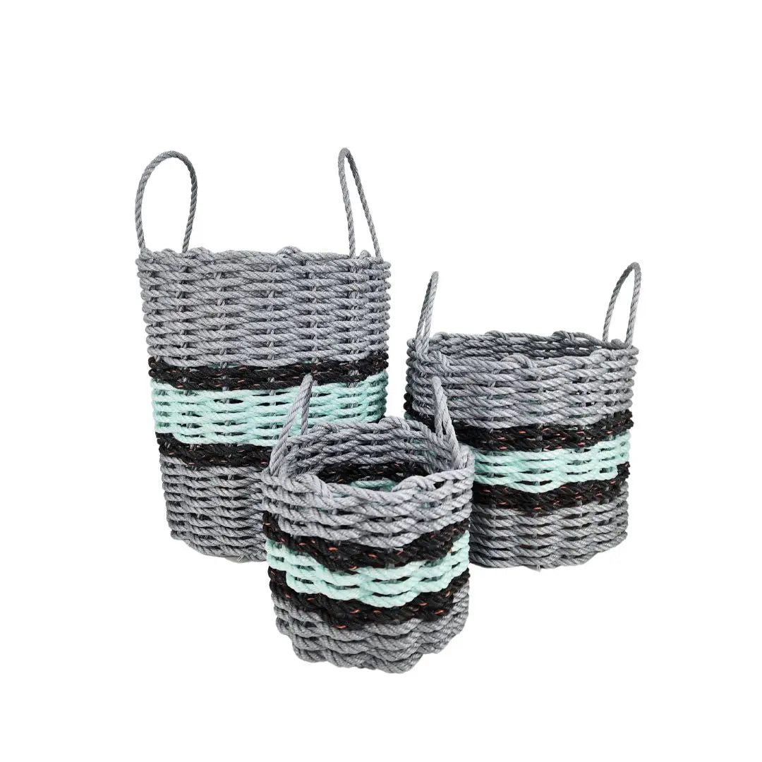 Lobster rope basket in light gray and seafoam colors with black accents, shown in three sizes