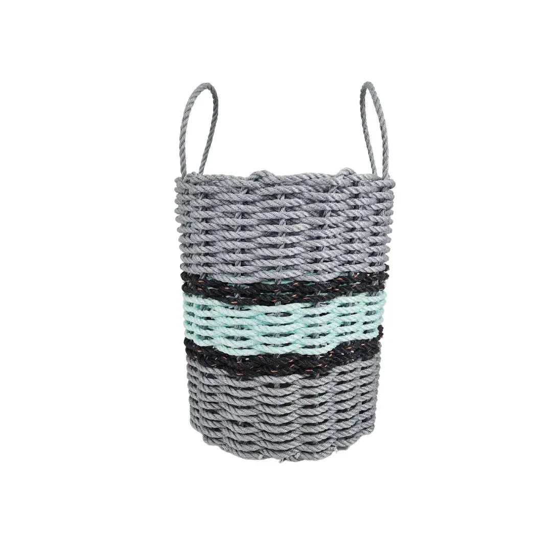 Lobster rope basket in light gray and seafoam colors with black accents, shown in three sizes