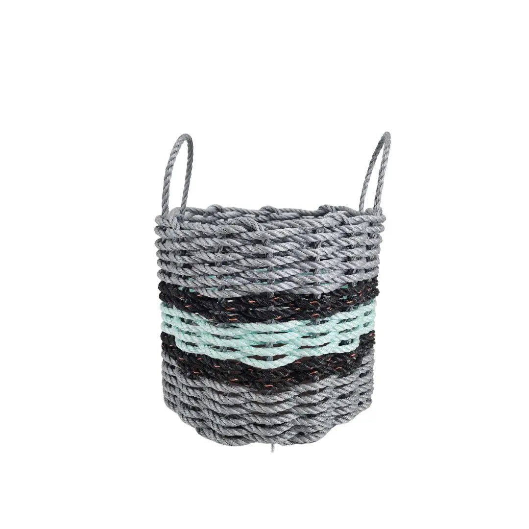 Lobster rope basket in light gray and seafoam colors with black accents, shown in three sizes