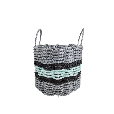 Lobster rope basket in light gray and seafoam colors with black accents, shown in three sizes