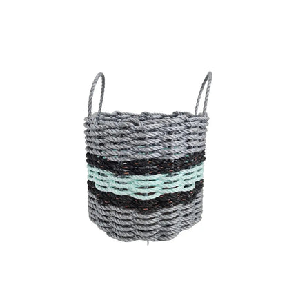 Lobster rope basket in light gray and seafoam colors with black accents, shown in three sizes